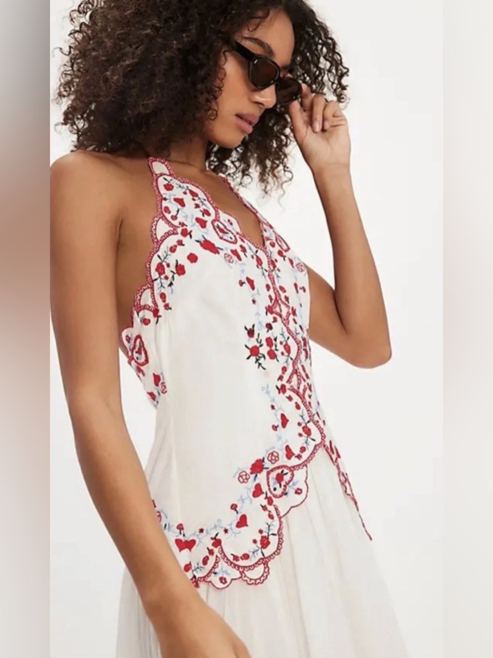 Free People Valenciana Midi Maxi Dress Halter Floral Embroidery Tiered Ivory